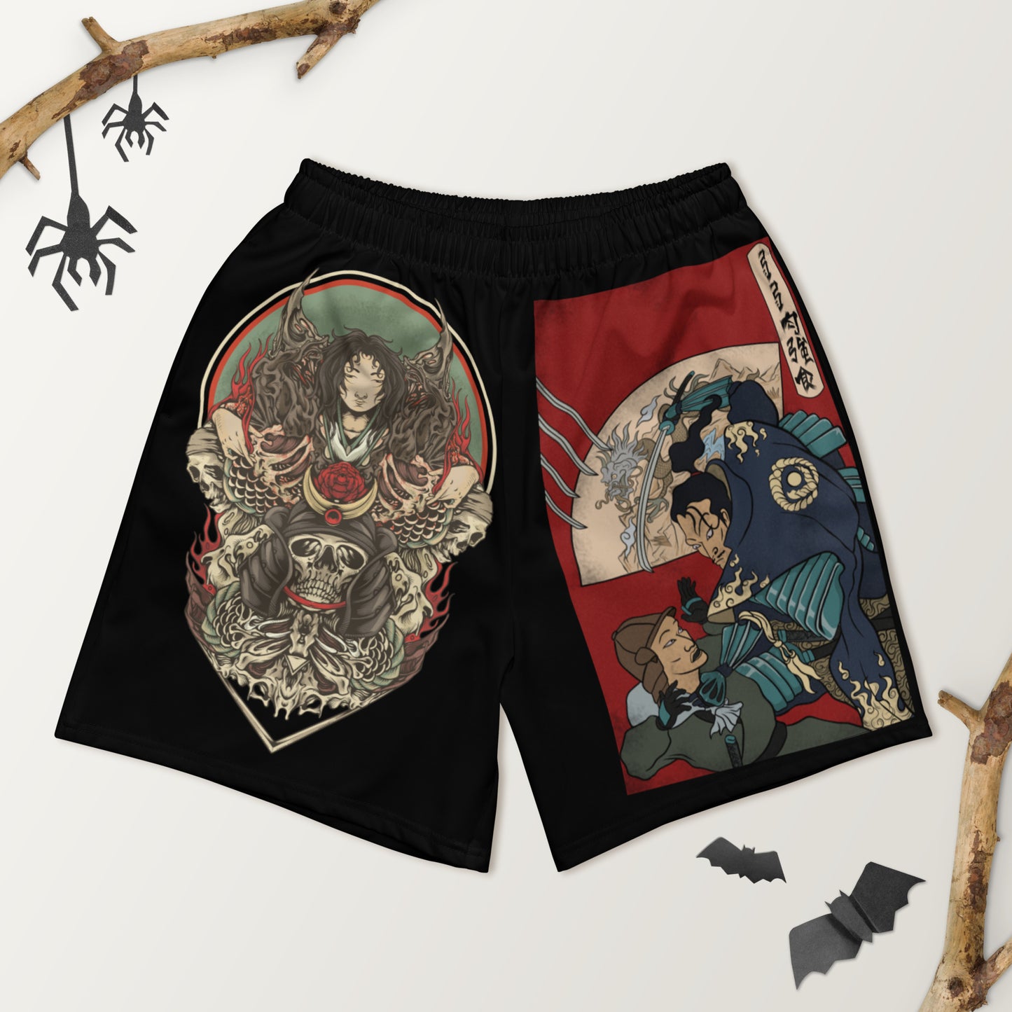 A pair of black gym shorts on display with The Ghost Of Miyamoto artwork design on them by The Immortal Society.