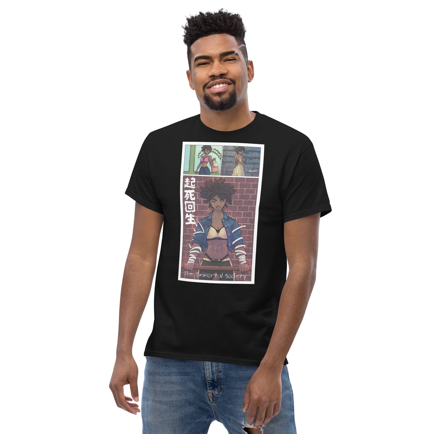 An African American man wearing The Awakening T shirt in black color standing over a white background and smiling.