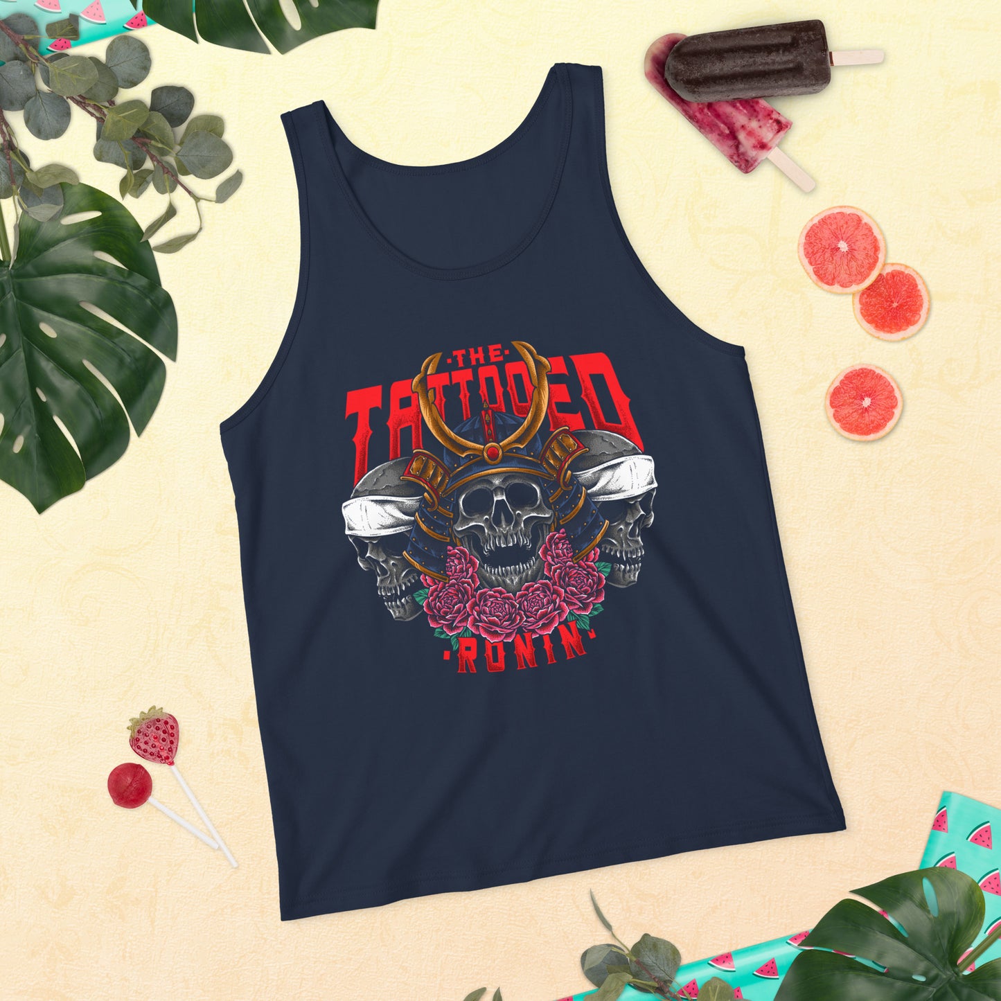 A navy tank top on display with The Tattooed Ronin design on it.