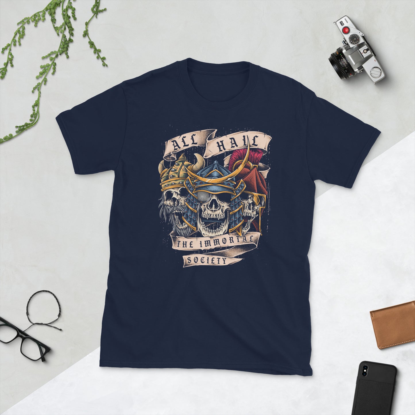 A navy color t shirt on display with The Immortal Warriors design on it.