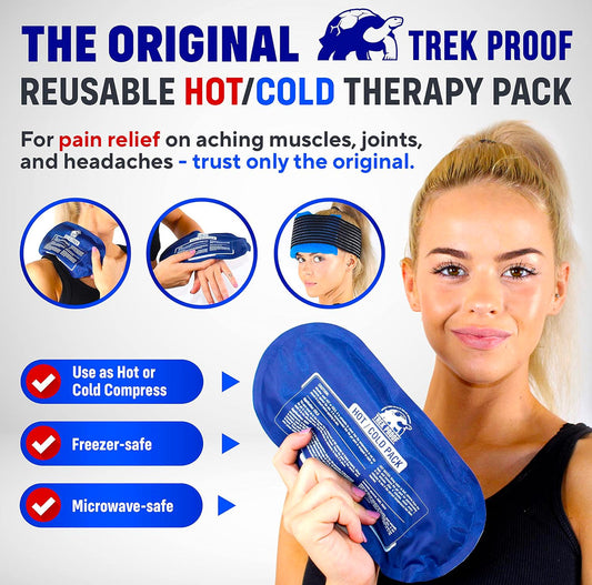 Women holding the Trek Proof Hot And Cold Ice Pack showing its uses.