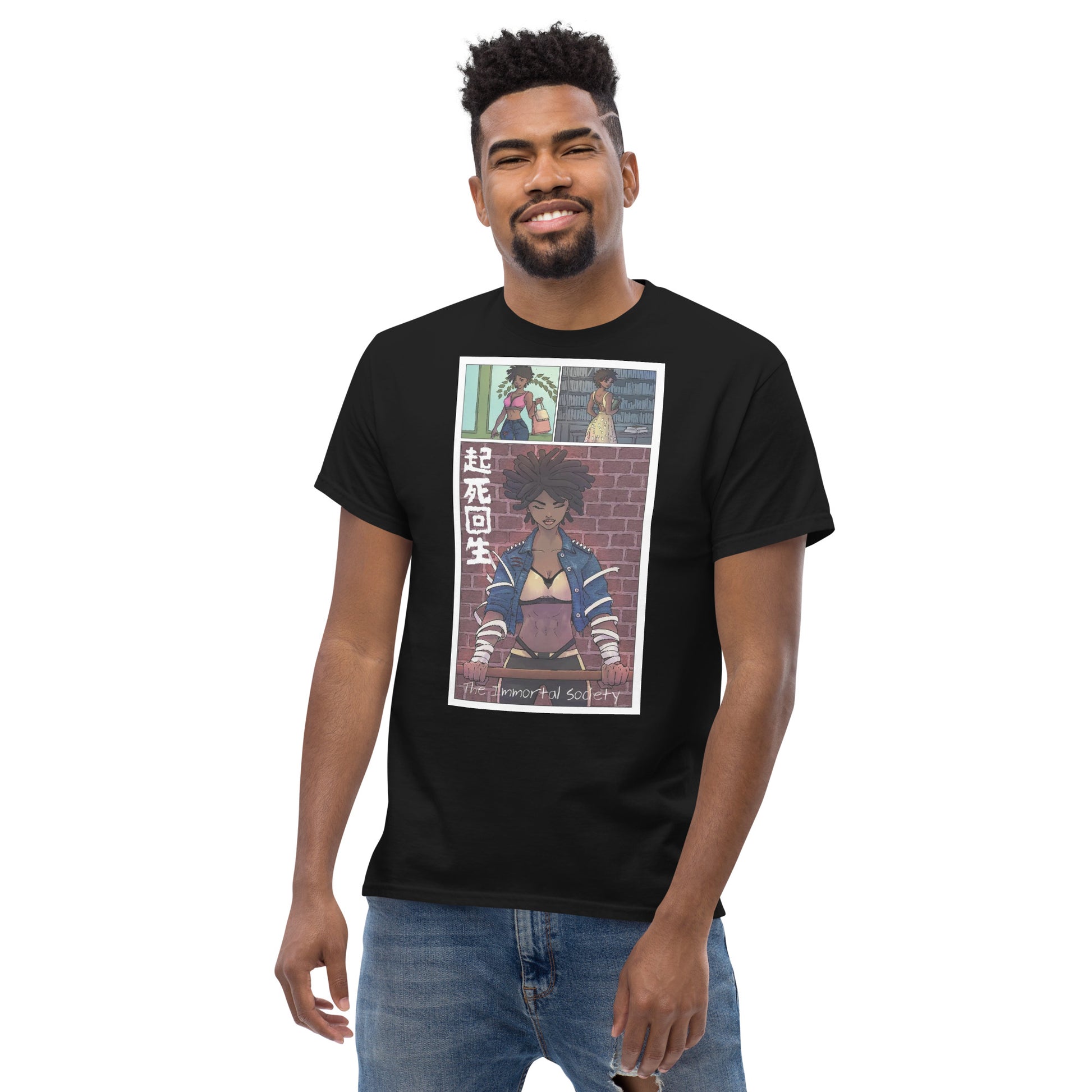 An African American man wearing  The Awakening T shirt in black color standing over a white background and smiling. 