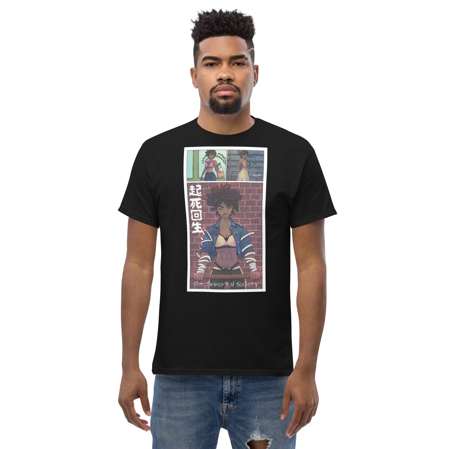 An African American man wearing  The Awakening T shirt in black color standing over a white background. 