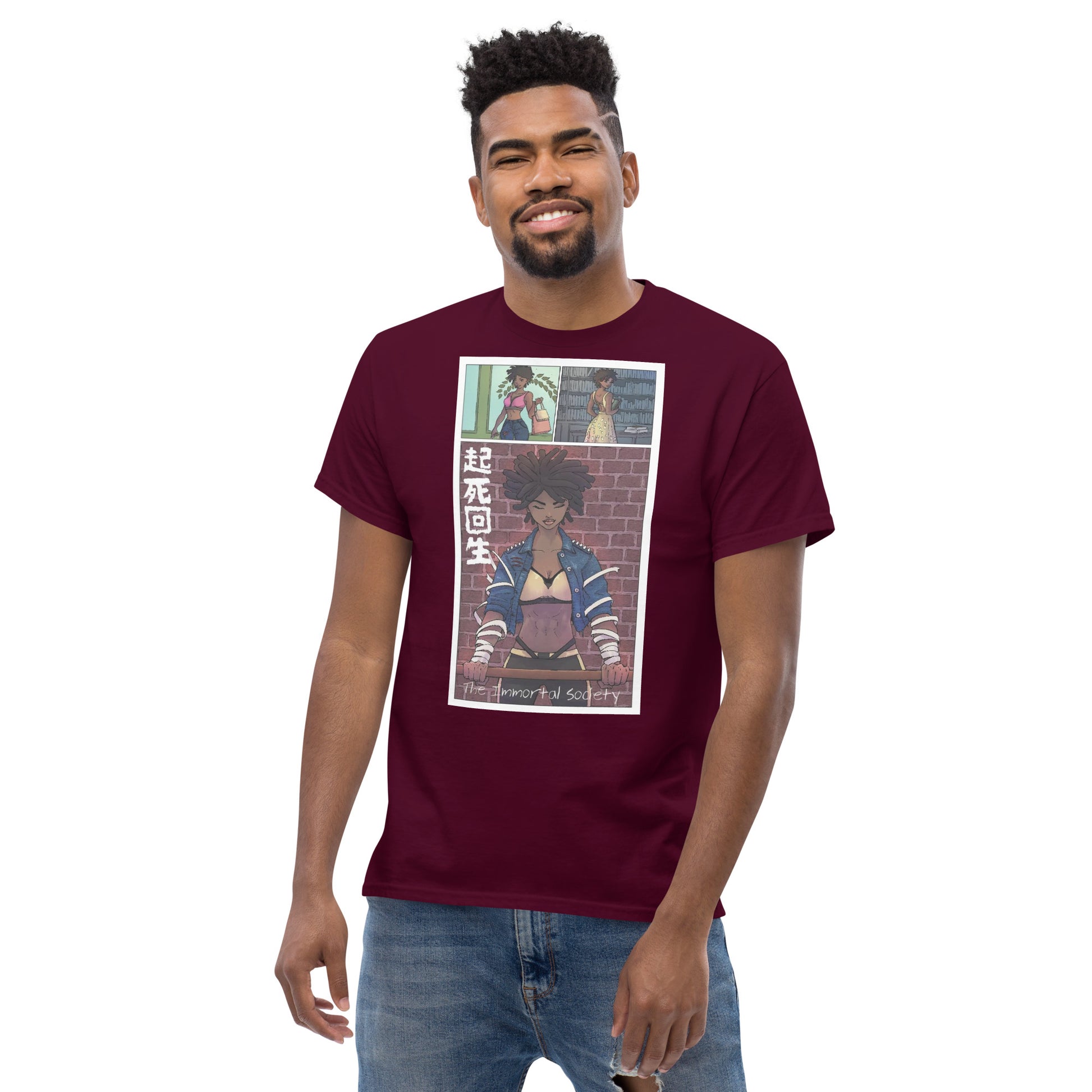 An African American man wearing  The Awakening T shirt in maroon color standing over a white background and smiling. 