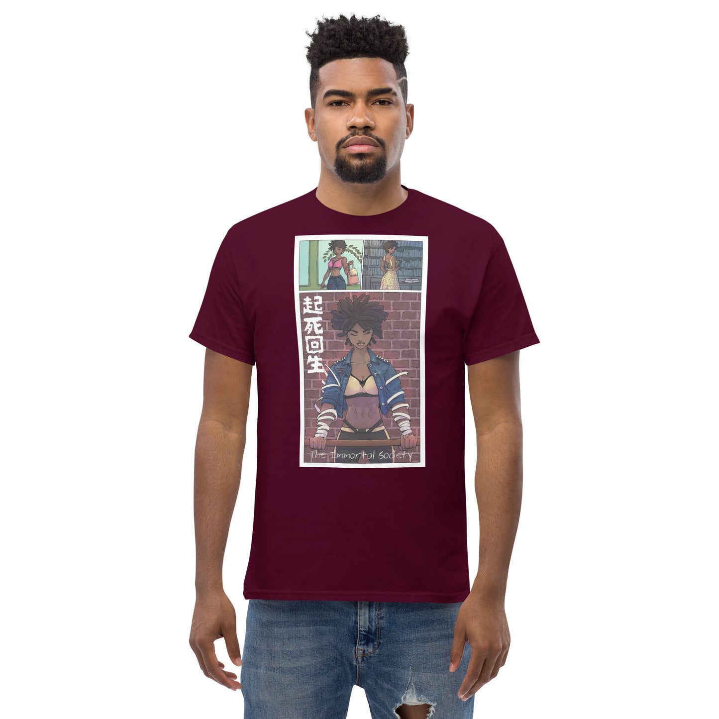 An African American man wearing  The Awakening T shirt in maroon color standing over a white background.