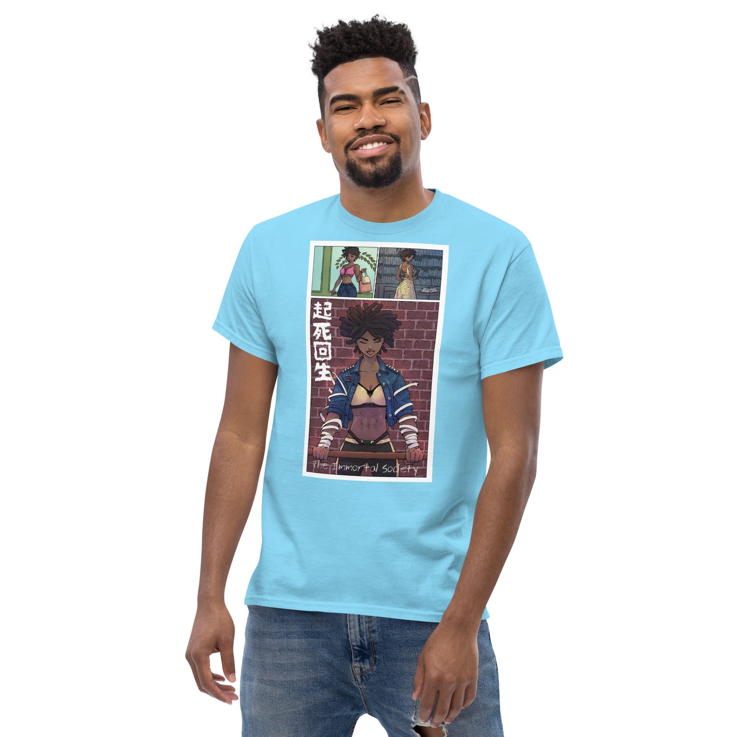 An African American man wearing  The Awakening T shirt in sky blue color standing over a white background and smiling. 