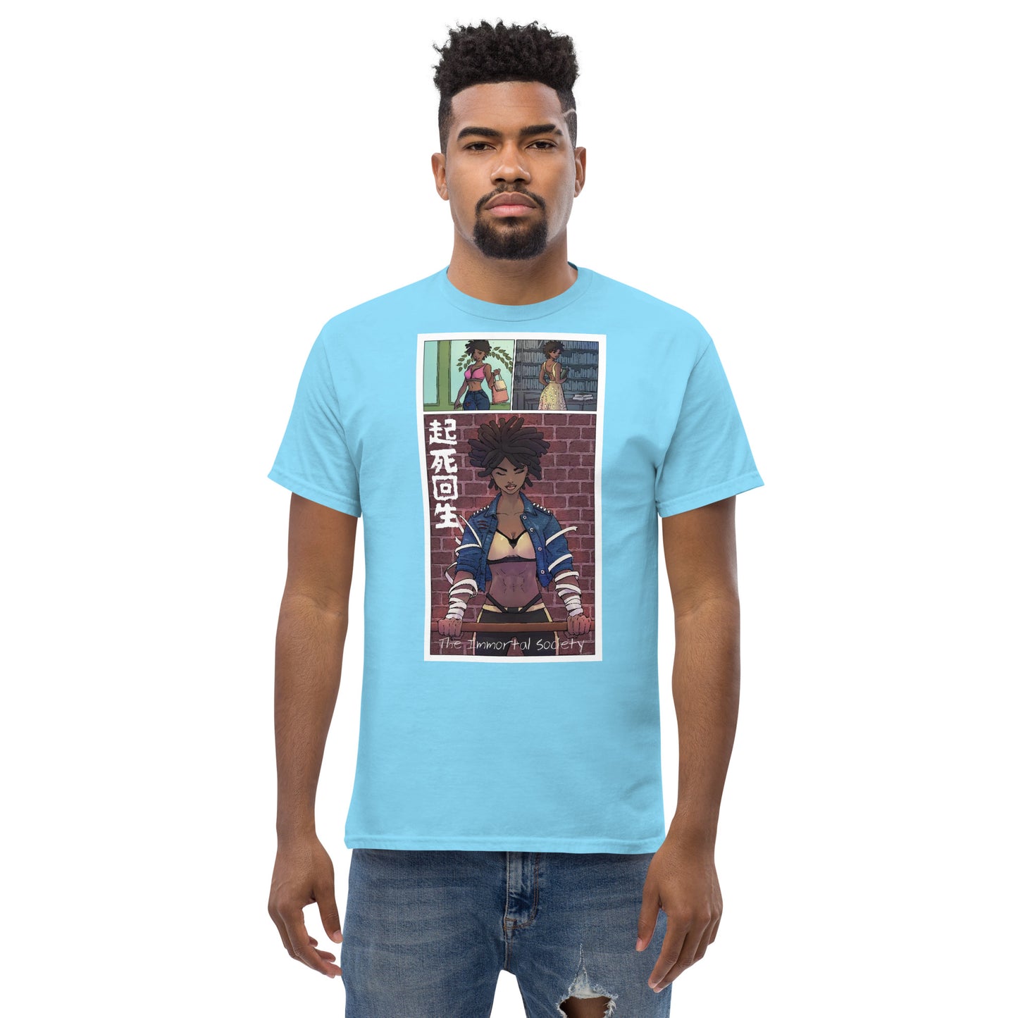 An African American man wearing  The Awakening T shirt in sky blue color standing over a white background.