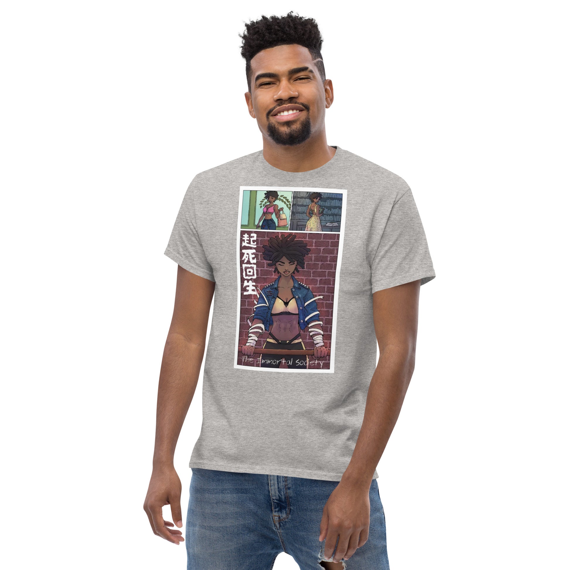 An African American man wearing  The Awakening T shirt in grey color standing over a white background and smiling. 