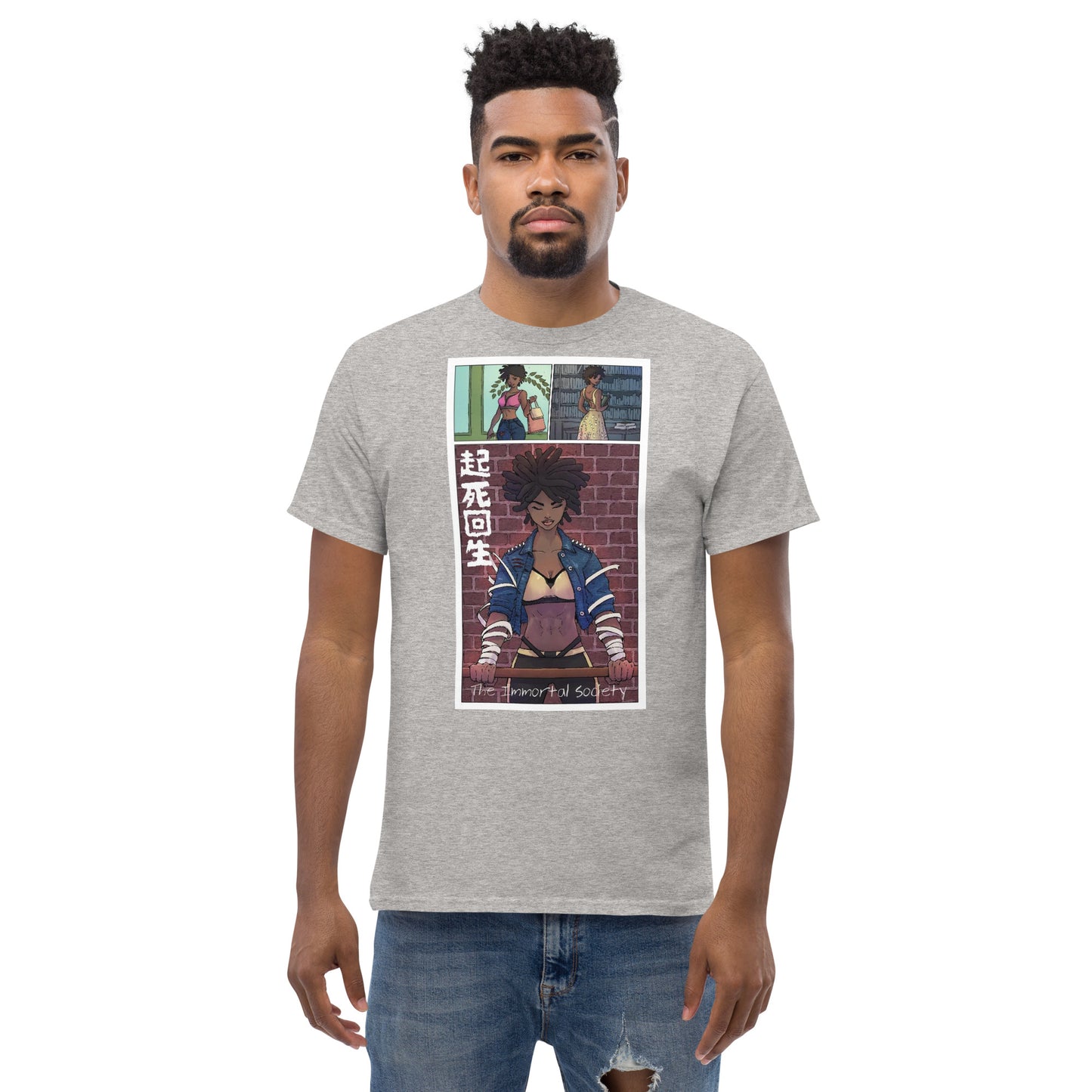 An African American man wearing  The Awakening T shirt in grey color standing over a white background.