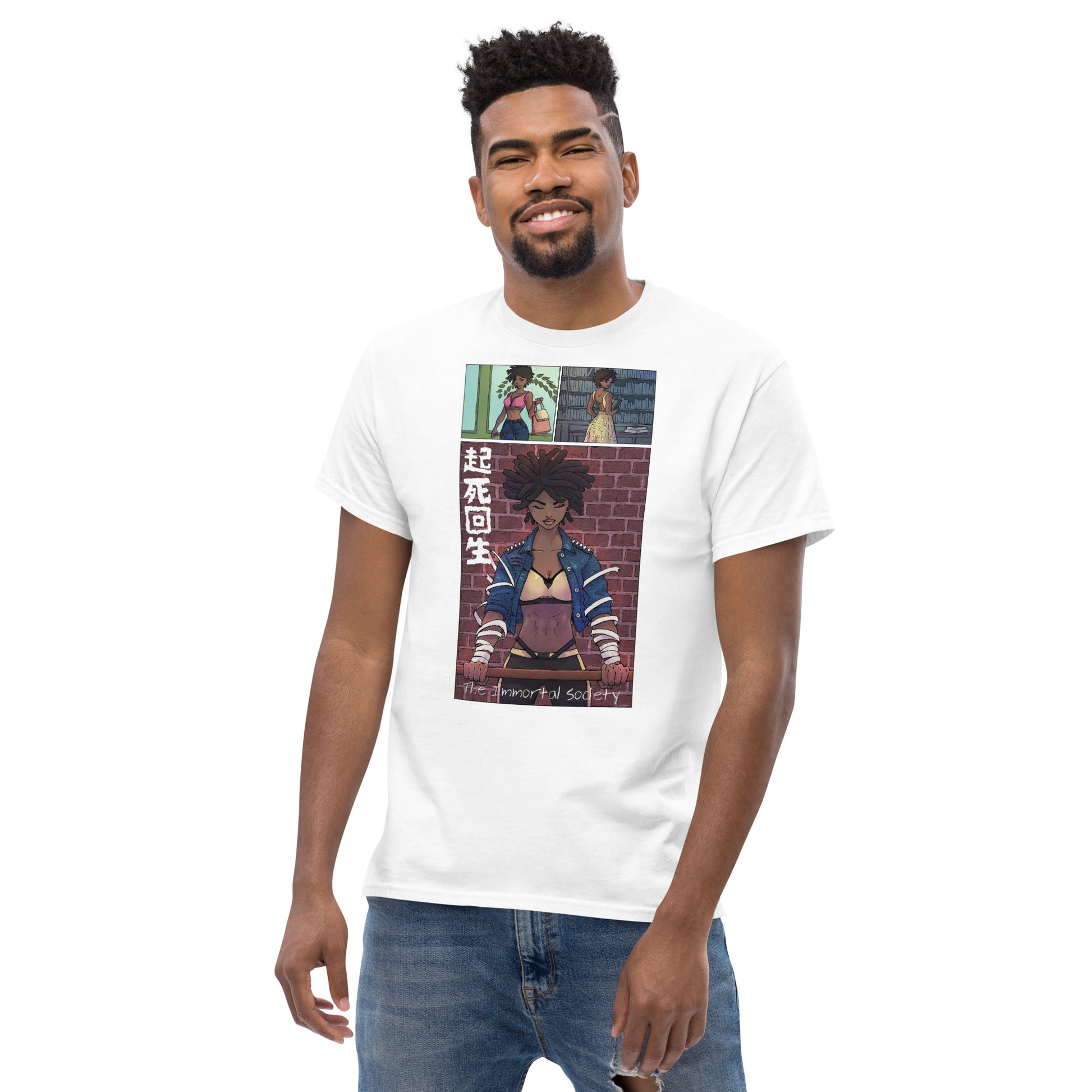 An African American man wearing  The Awakening T shirt in white color standing over a white background and smiling.