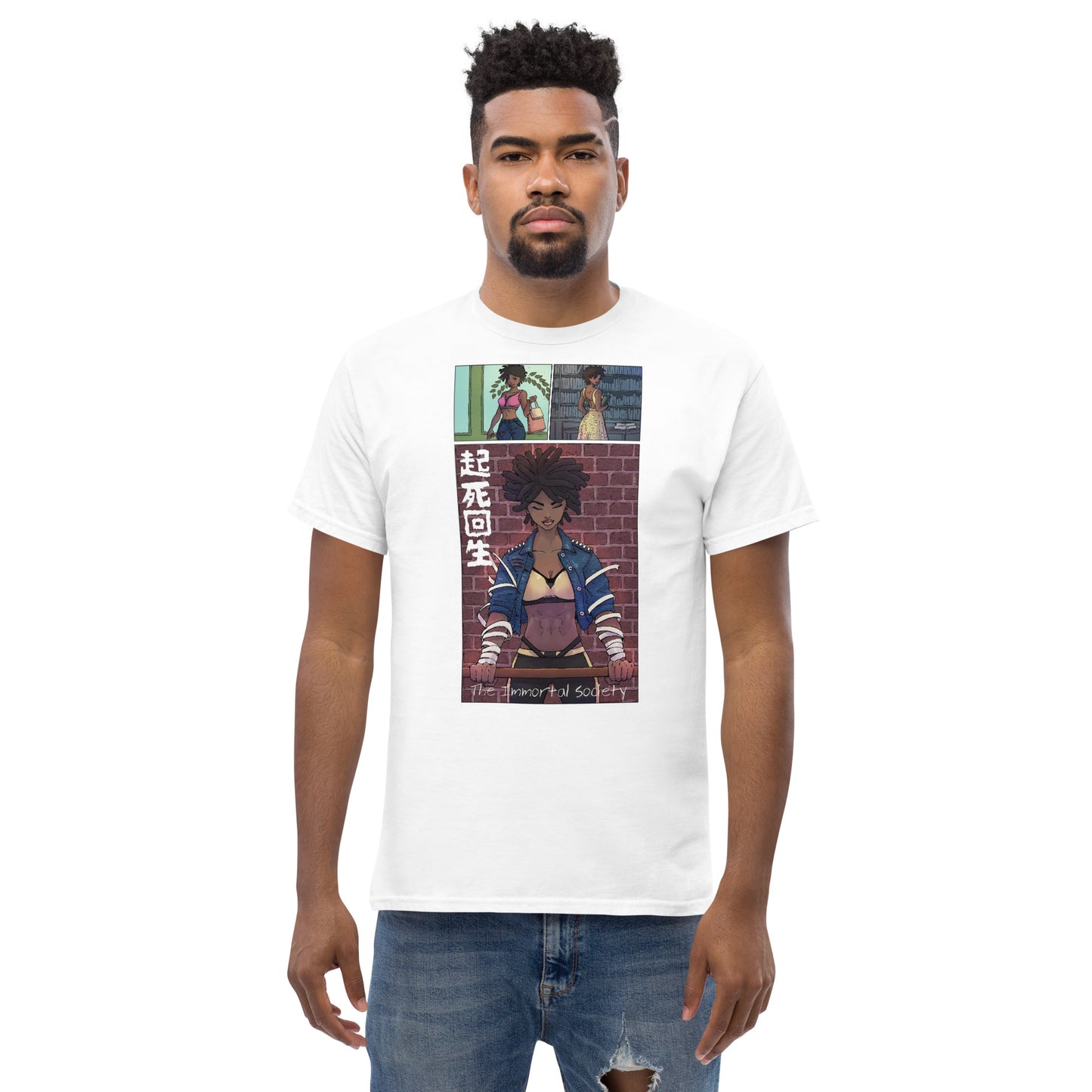 An African American man wearing  The Awakening T shirt in white color standing over a white background.