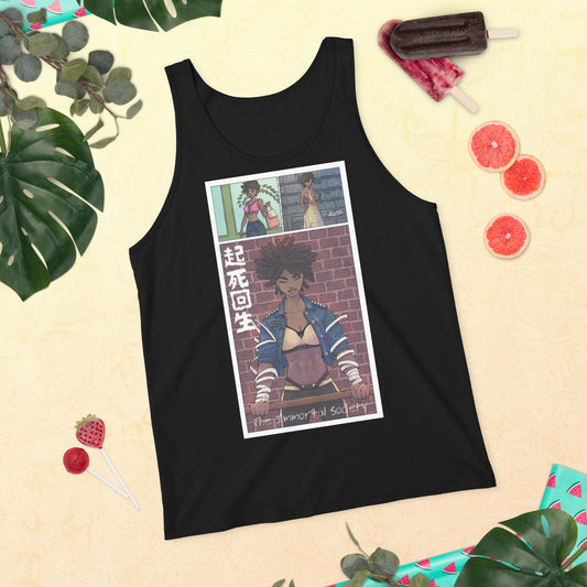 The Awakening Tank Top in black by The Immortal Society on display. 