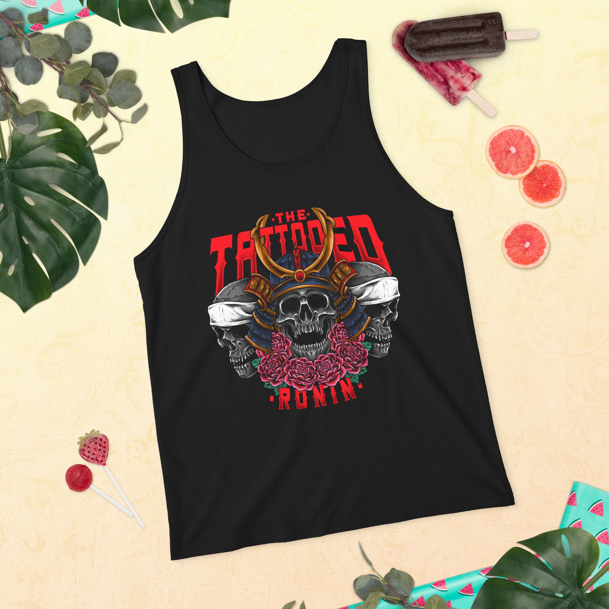 A black tank top on display with The Tattooed Ronin design on it.
