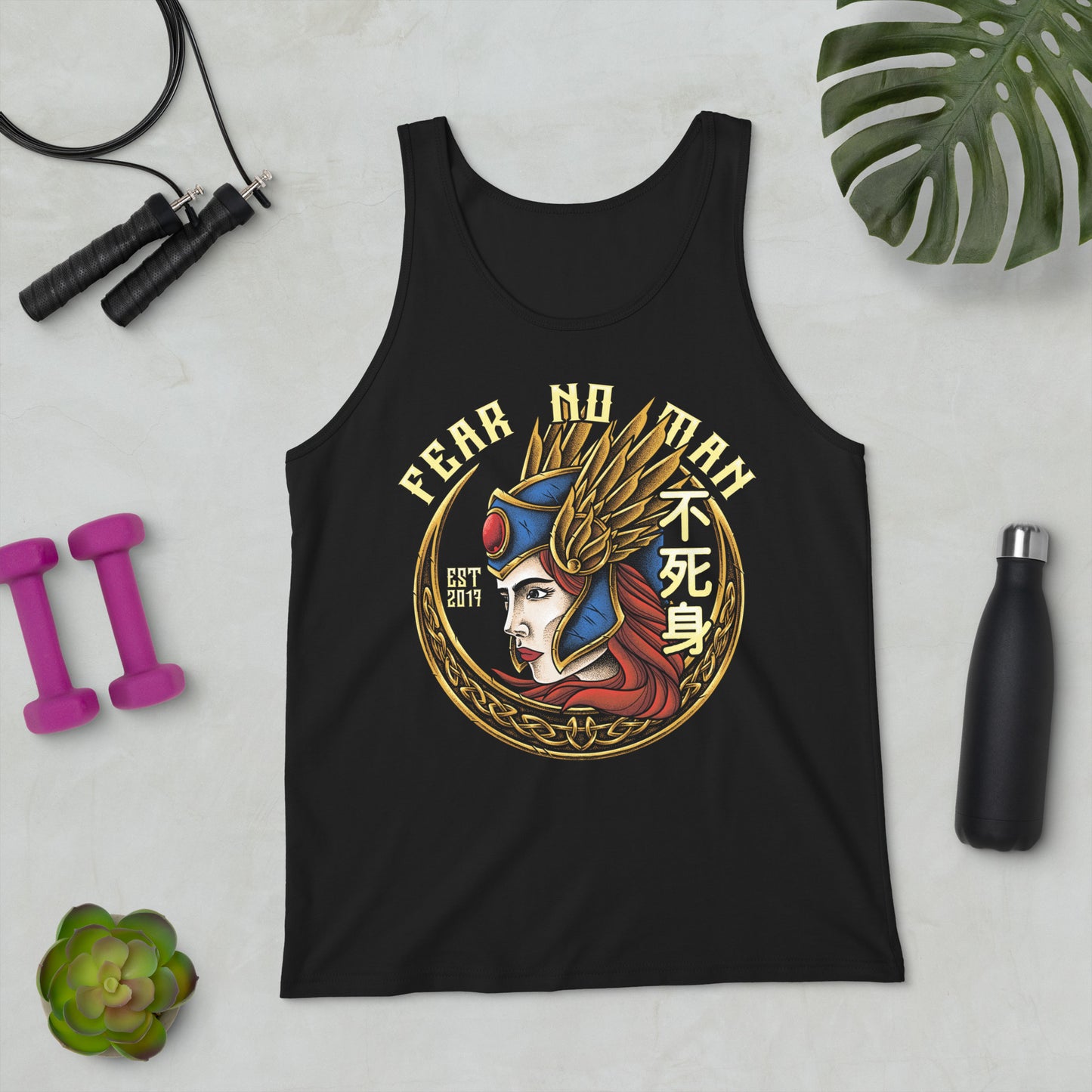 A black tank top on display with The Valkyrie design on it by The Immortal Society. 