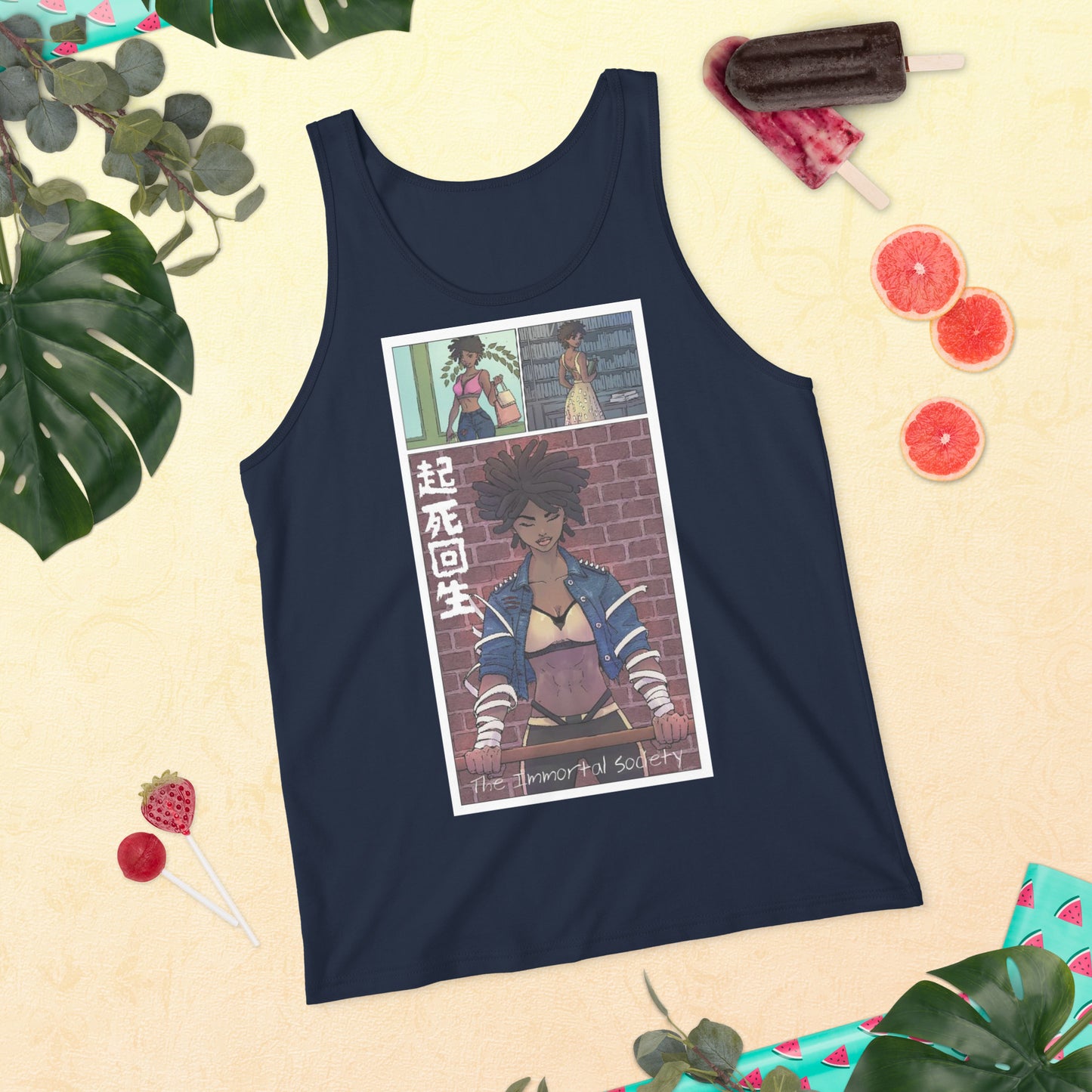 The Awakening Tank Top in navy by The Immortal Society on display. 