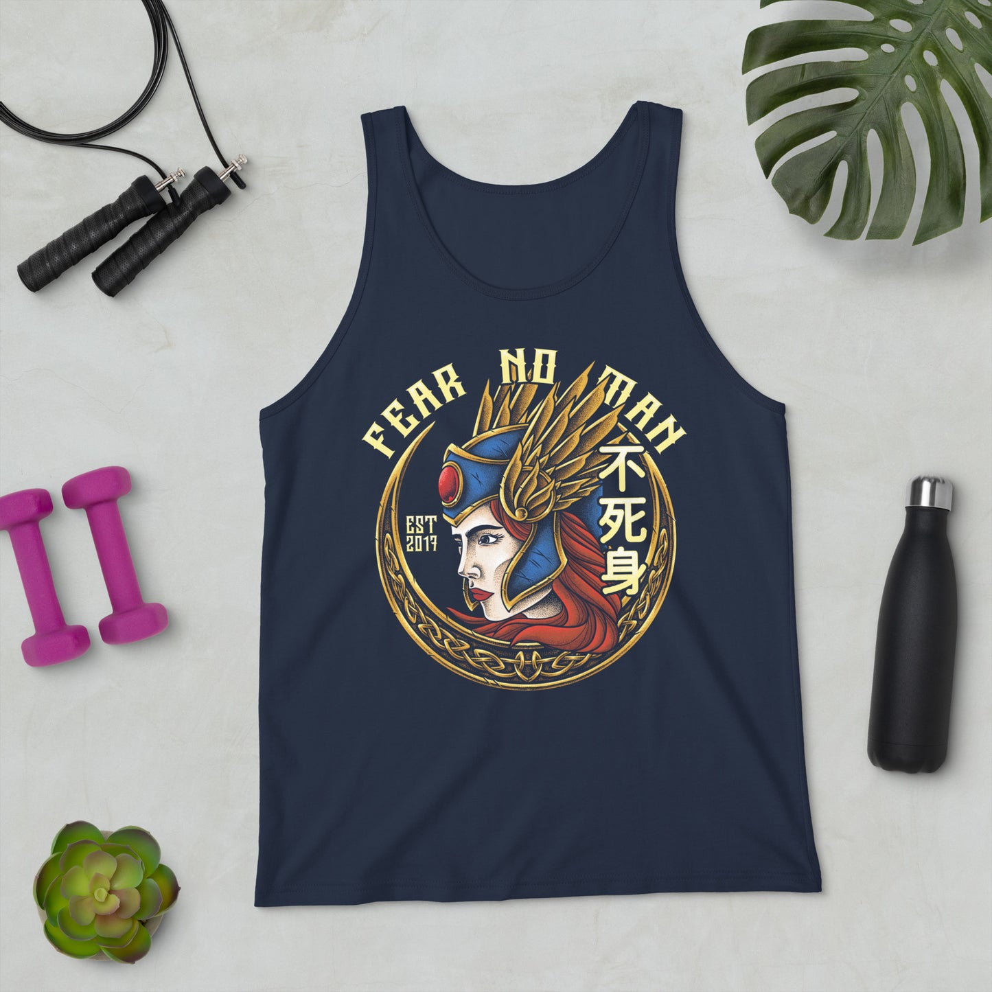 A navy tank top on display with The Valkyrie design on it by The Immortal Society. 