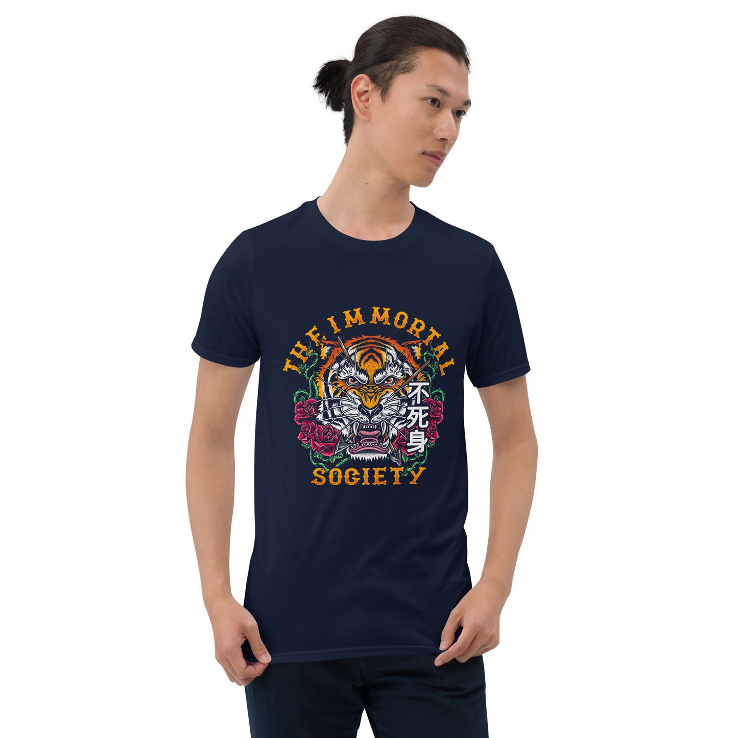 A slender Asian man with a short pony tail wearing The Immortal Tiger t shirt in navy by The Immortal Society. He is standing showing the front of the shirt. 